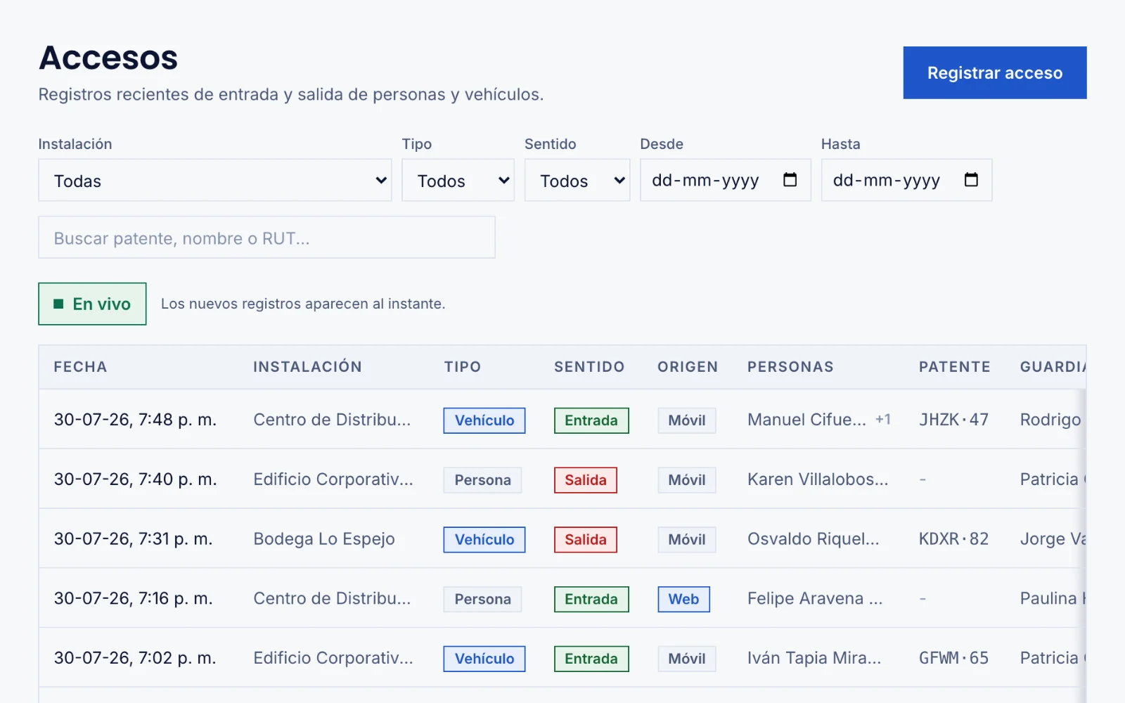 Panel de accesos de Centela con el listado de ingresos y salidas del día, con hora, instalación, tipo, origen, persona, patente y guardia.