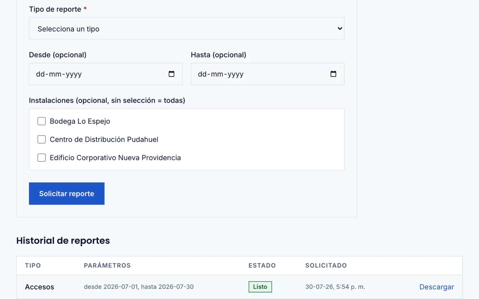 Pantalla de reportes de Centela con un reporte de accesos generado y listo para descargar.