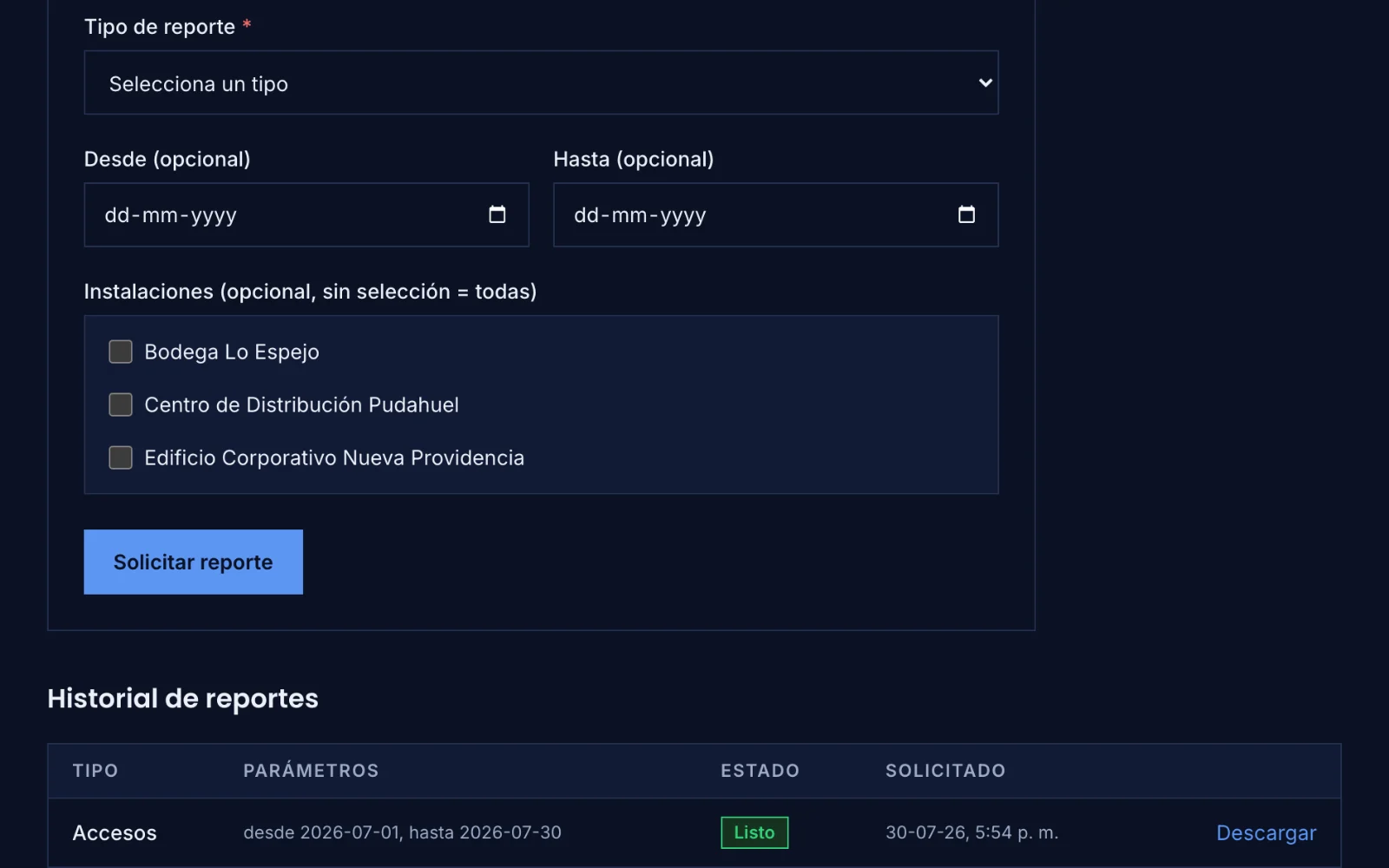 Pantalla de reportes de Centela con un reporte de accesos generado y listo para descargar.
